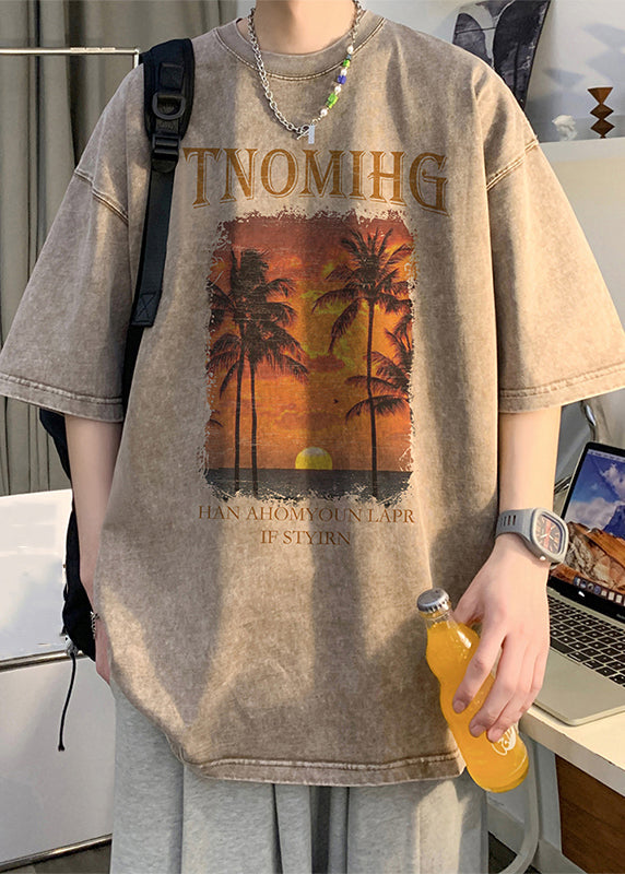 Men's Khaki Cotton Graphic T Shirt Loose Fit Palm Print - OutfitLondon