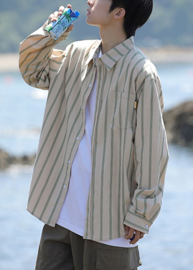 Men's Cotton Shirt Khaki Striped Breathable With Pockets - OutfitLondon