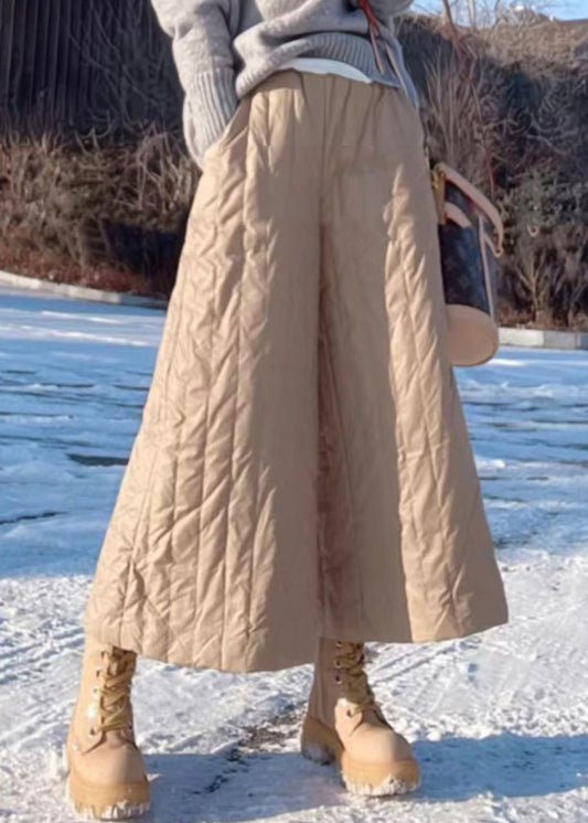 Unisex Khaki Winter Pants Cotton Lining Elastic Waist Wide Leg Comfort - OutfitLondon