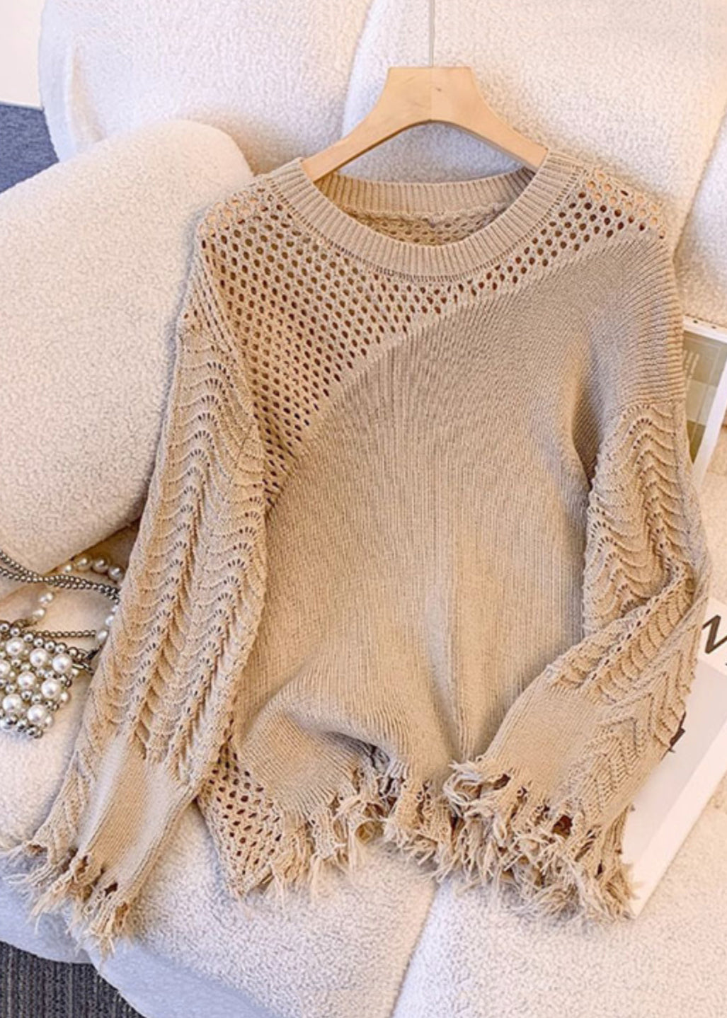 Women's Khaki Knit Sweater Openwork Pom Pom Details - OutfitLondon