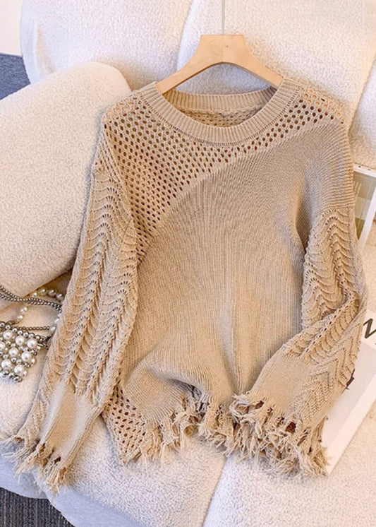 Women's Khaki Knit Sweater Openwork Pom Pom Details - OutfitLondon