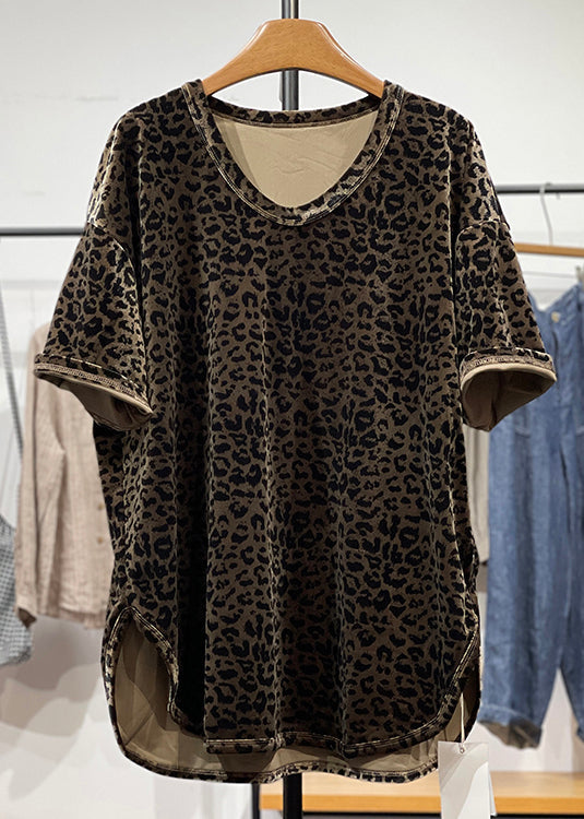 Women's Leopard Print Tee Silk Blend Round Neck Comfortable - OutfitLondon