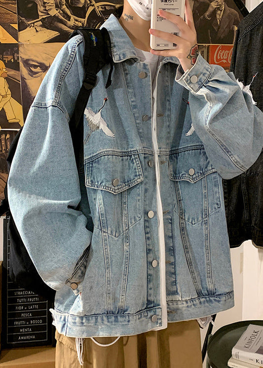 Men's Light Blue Denim Coat Loose Fit Embroidered - OutfitLondon