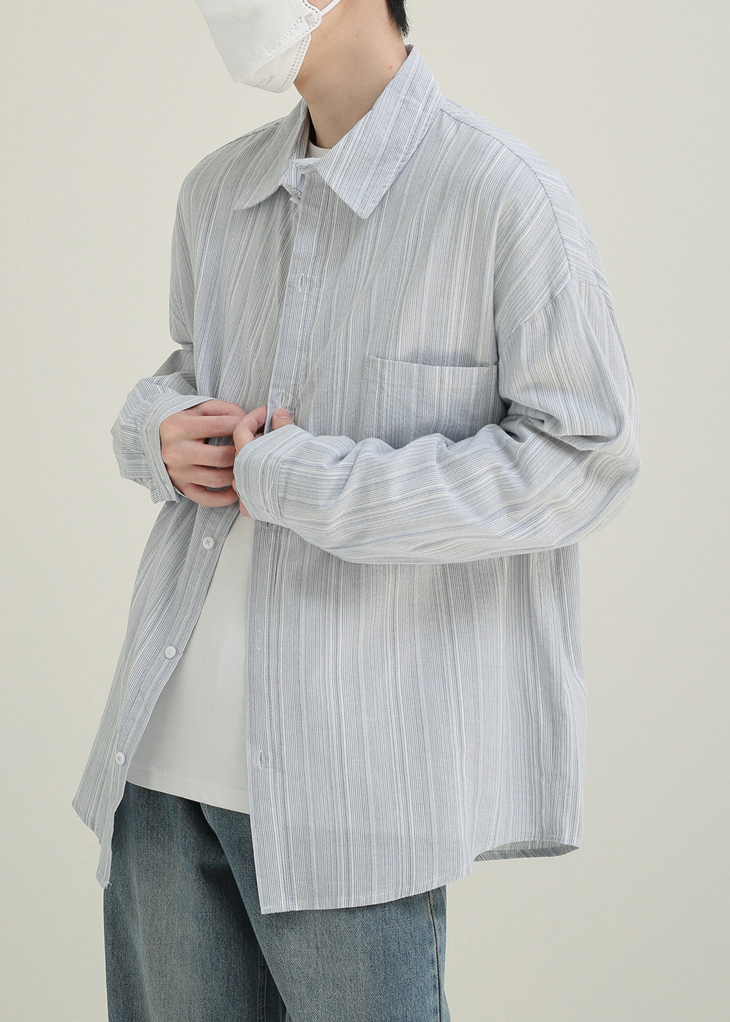 Mens Light Blue Striped Cotton Long Sleeve Shirt Relaxed Fit - OutfitLondon