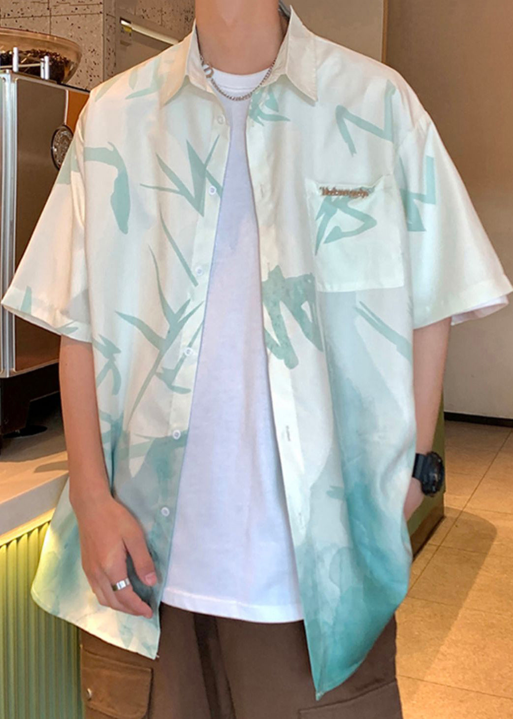 Men's Silk Short Sleeve Shirt Loose Fit Breathable Light Green - OutfitLondon
