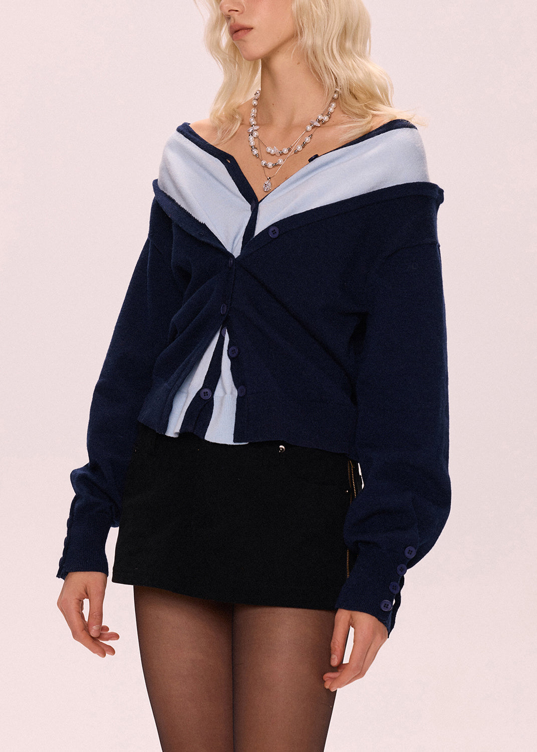 Women's Patchwork Knit Sweater Navy Oversized Faux Button Two Piece - OutfitLondon