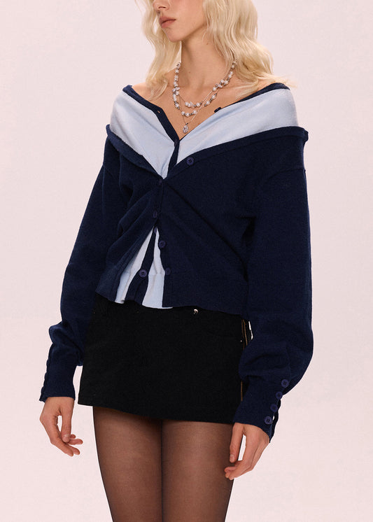 Women's Patchwork Knit Sweater Navy Oversized Faux Button Two Piece - OutfitLondon