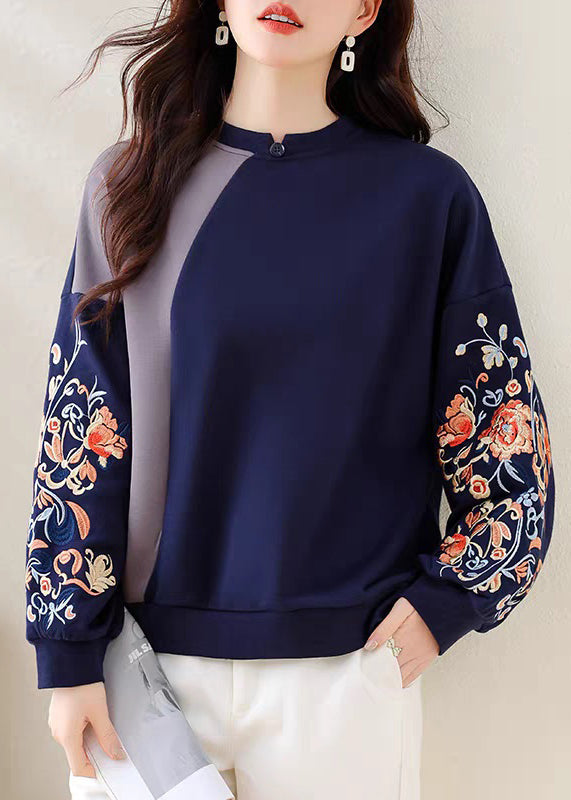 Unisex Cotton Sweatshirt Navy Blue Embroidered Oversized - OutfitLondon