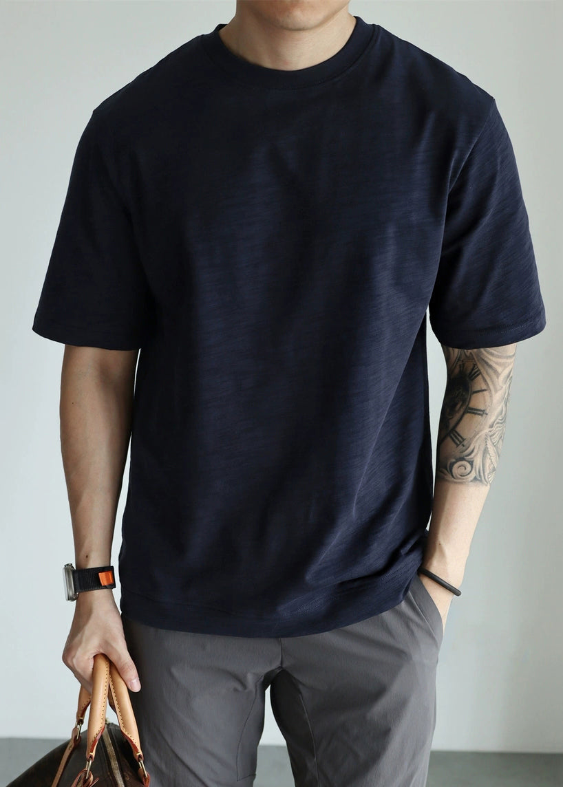 Mens Navy Cotton T Shirt Relaxed Fit Breathable - OutfitLondon