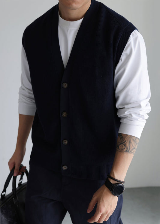 Men's Navy Knit Vest V-Neck Relaxed Fit - OutfitLondon