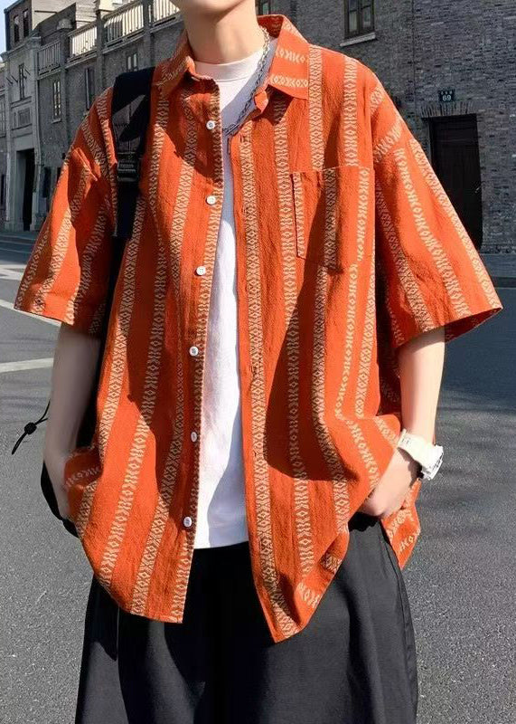 Men's Orange Striped Cotton Short Sleeve Shirt Comfortable - OutfitLondon