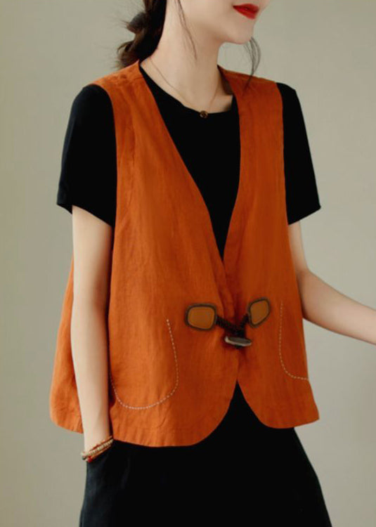 Women's Linen Vest Sleeveless Breathable V Neck Natural Orange - OutfitLondon