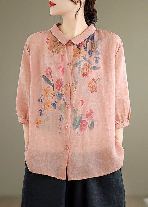 Women's Loose Linen Blouse Pink Breathable - OutfitLondon