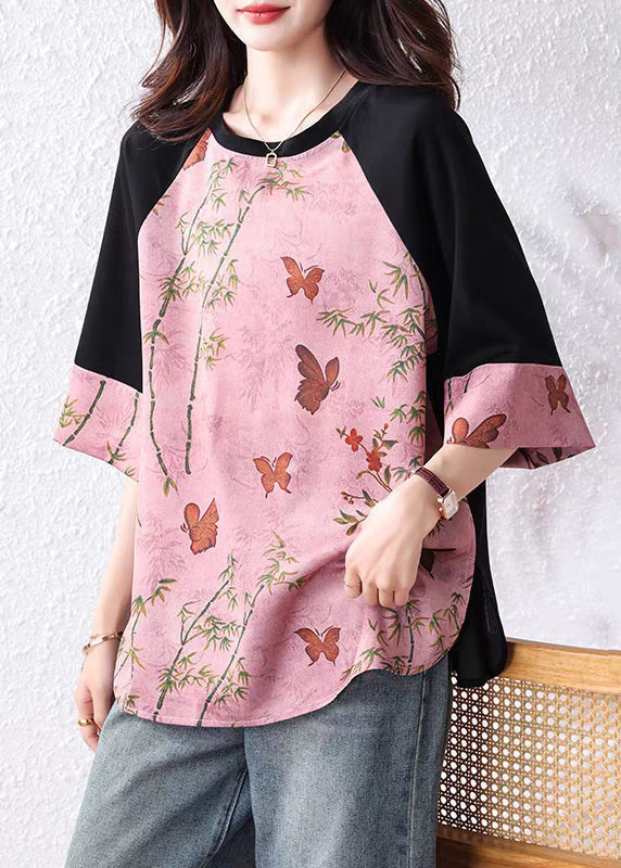 Women's Cotton T-Shirt Loose Fit Patchwork Print Bracelet Sleeves - OutfitLondon