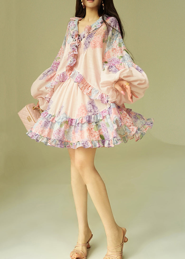 Women's Cotton Two Piece Set Loose Fit Puff Sleeves Pink Skirt - OutfitLondon