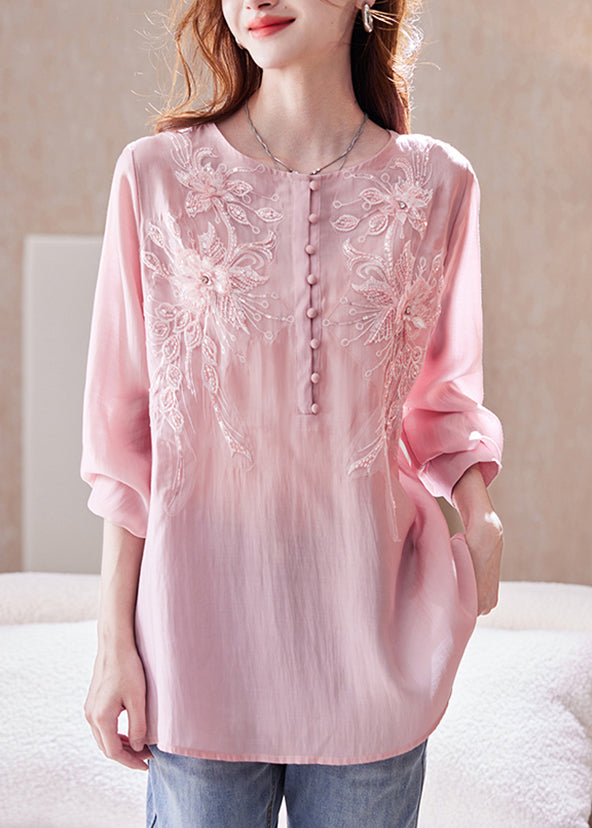 Women's Pink Sequin Blouse Loose Fit Long Sleeve Silk Chiffon - OutfitLondon