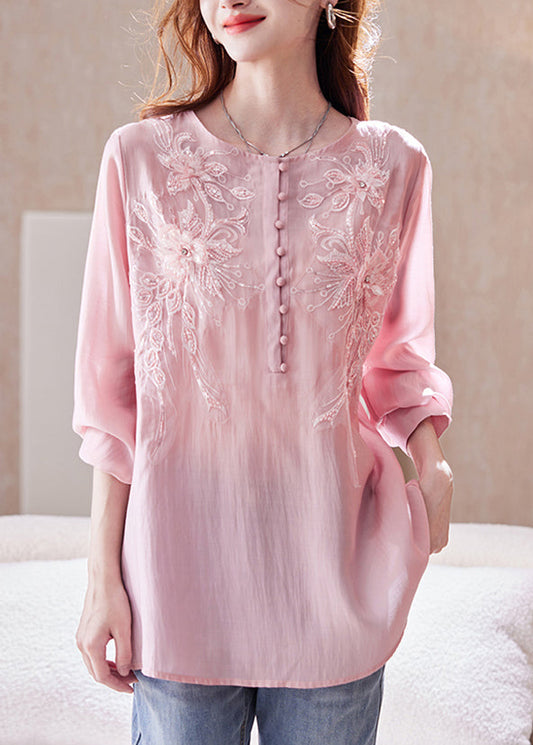 Women's Pink Sequin Blouse Loose Fit Long Sleeve Silk Chiffon - OutfitLondon