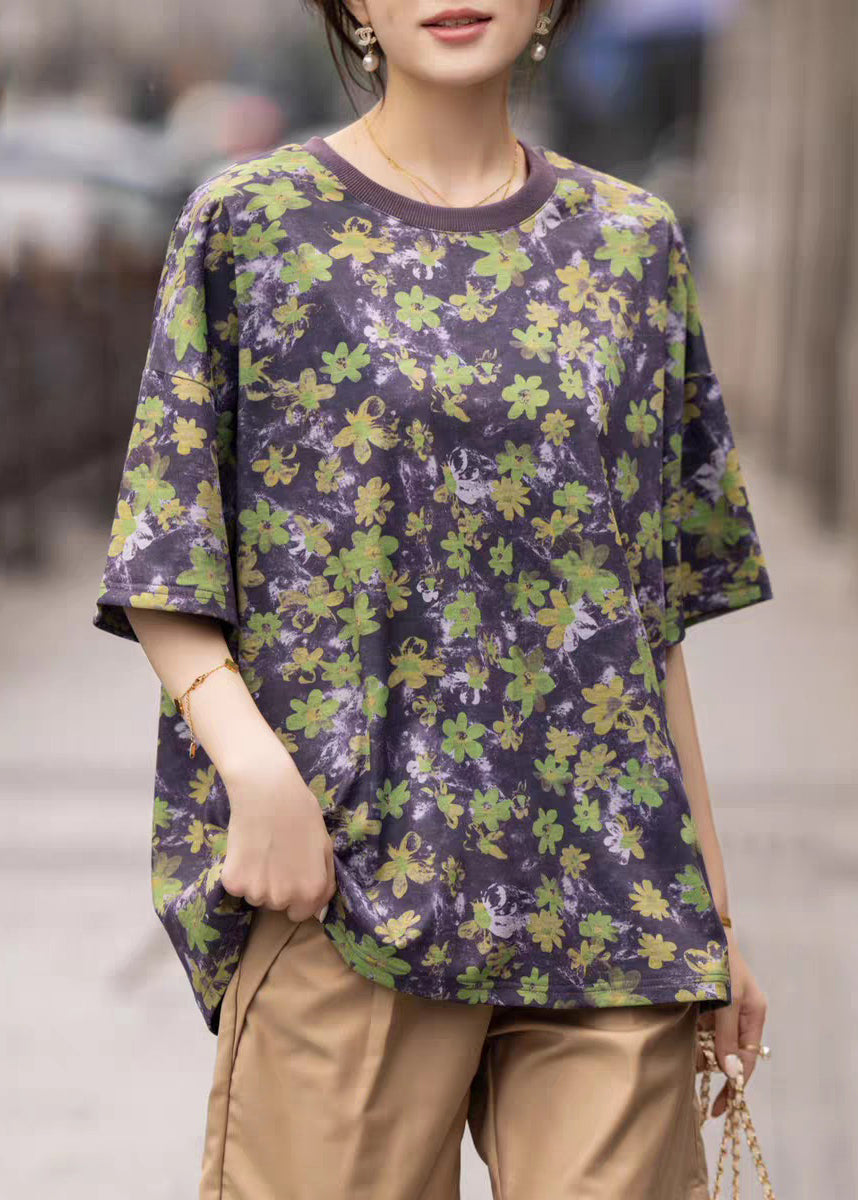 Women's Cotton Violet Printed T Shirt Round Neck Loose Fit - OutfitLondon