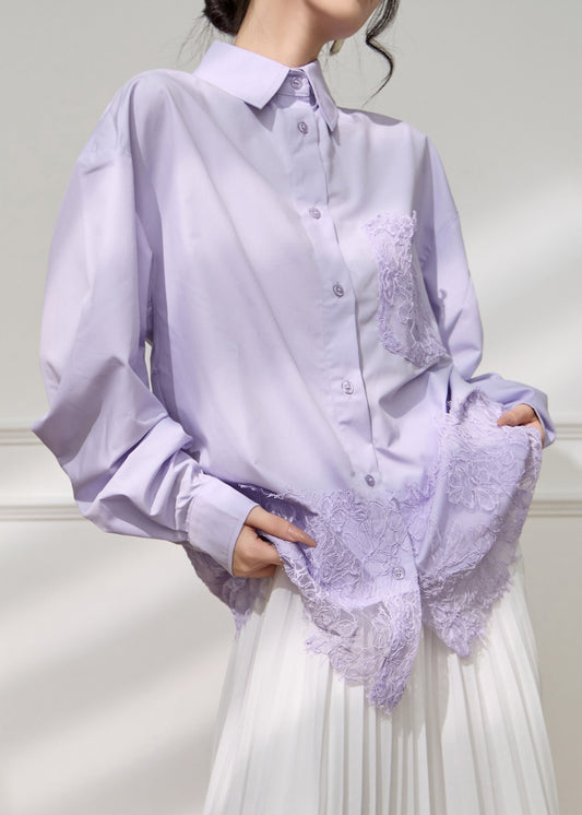Women's Violet Cotton Blouse Peter Pan Collar Lace Trim - OutfitLondon