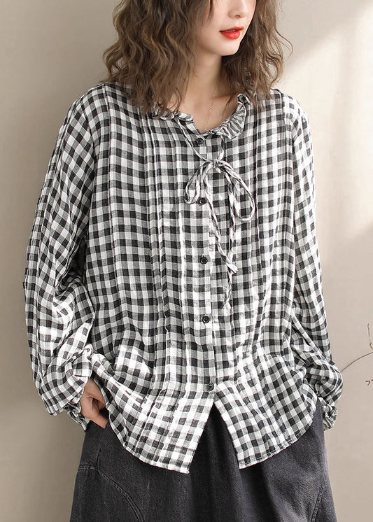 Women's Plaid Cotton Blouse With Ruffles - OutfitLondon