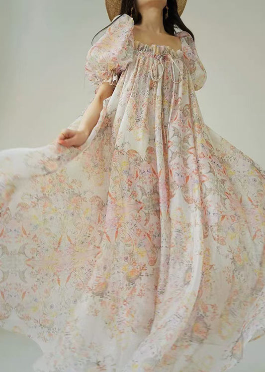 Women's Silk Chiffon Maxi Robe Puff Sleeves Adjustable Lace - OutfitLondon