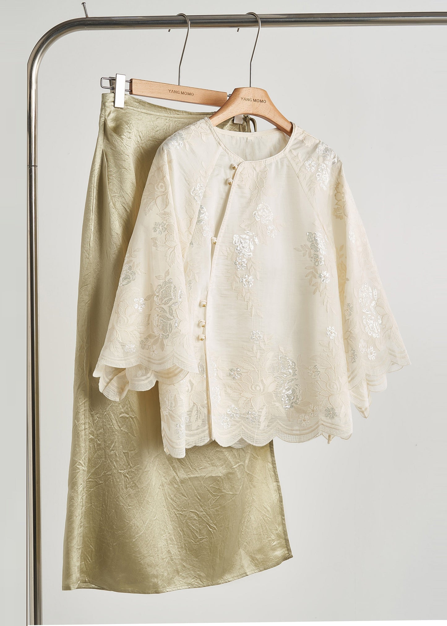 Women's Silk Embroidered Blouse White Sequin Sleeves - OutfitLondon