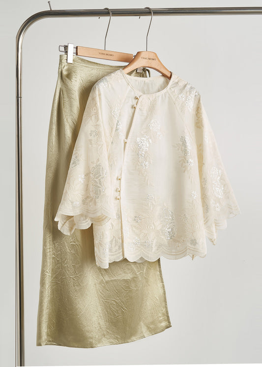 Women's Silk Embroidered Blouse White Sequin Sleeves - OutfitLondon