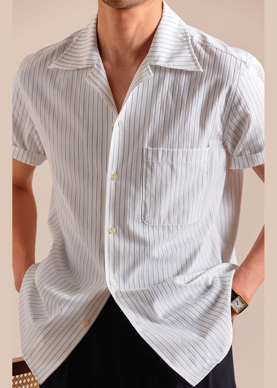 Men's Cotton Short Sleeve Striped Shirt White - OutfitLondon
