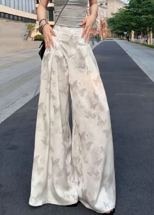 Women's High-Waisted Wide Leg Pants Silk White Print Breathable - OutfitLondon
