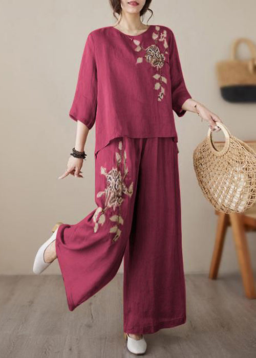 Women's Linen Pants Set Elastic Waist Wine Red Embroidered - OutfitLondon