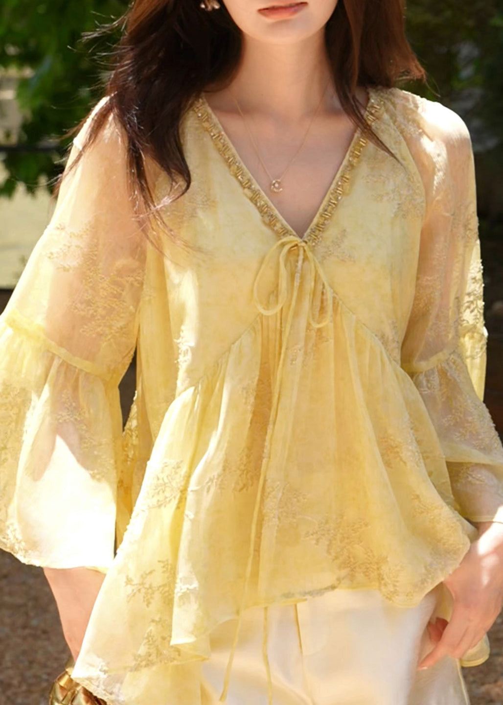 Women's Yellow Cotton Blend V Neck Shirt Loose Fit - OutfitLondon