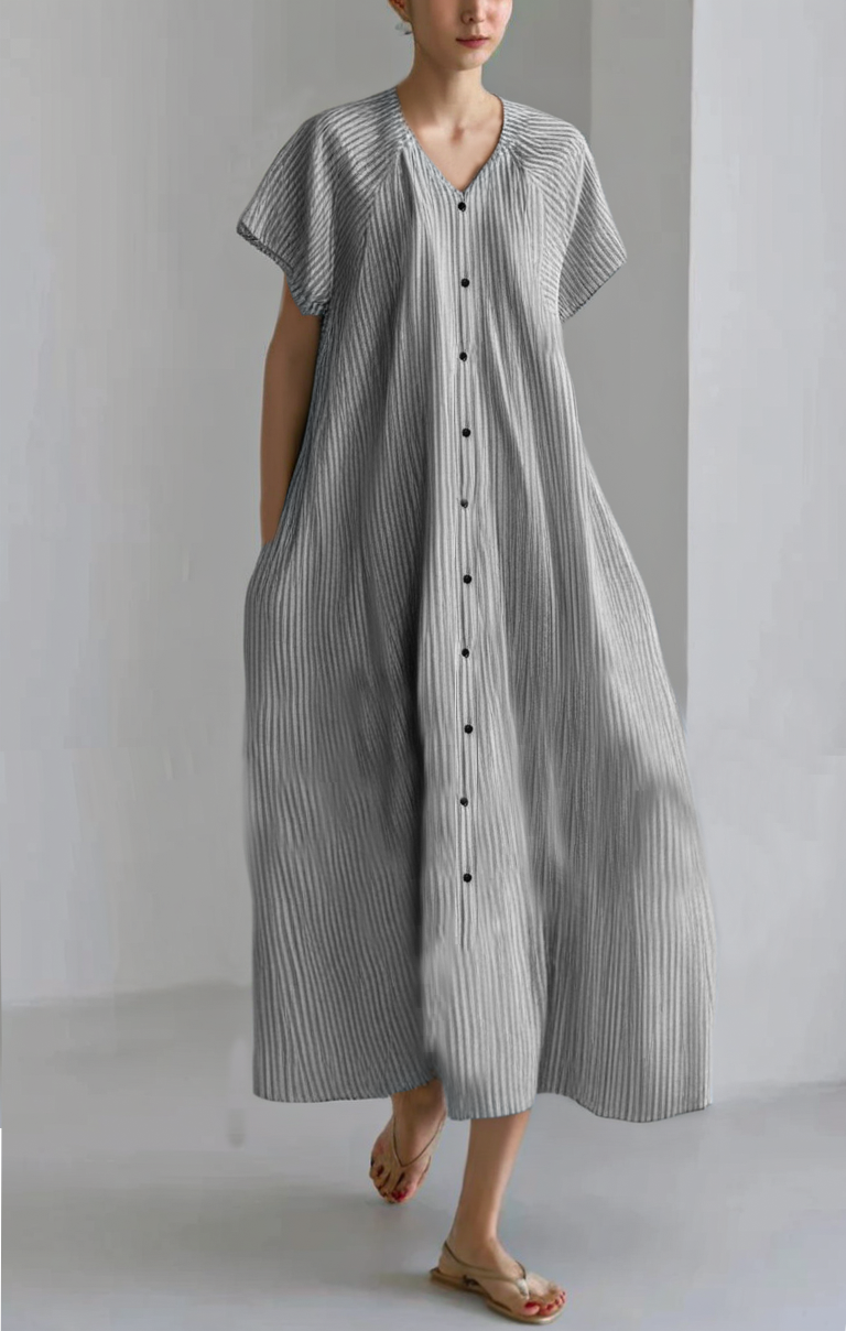 Women's Cotton Striped Midi Dress Comfortable Summer Wear - OutfitLondon