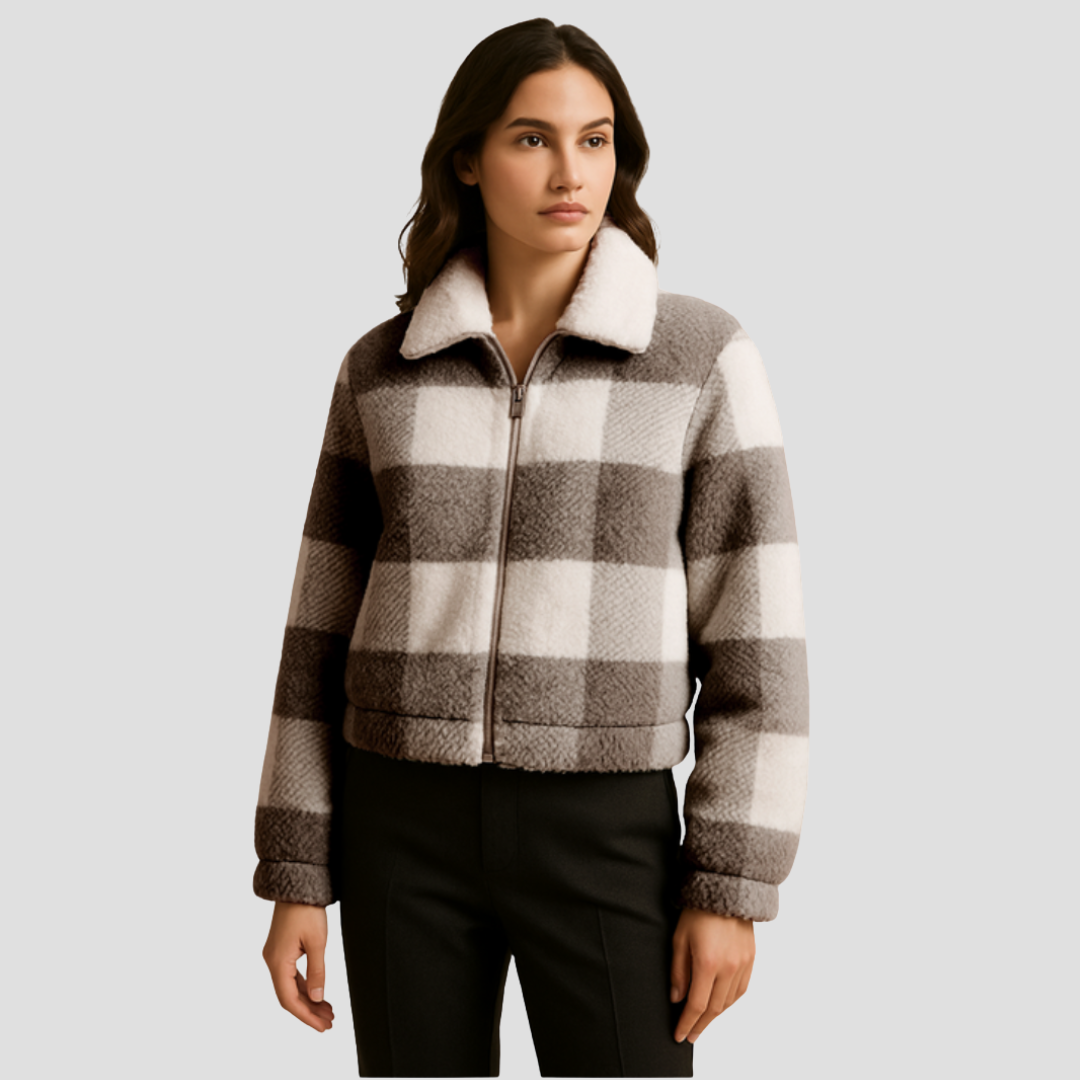 Ladies Short Plaid Faux Fur Bomber Coat - OutfitLondon