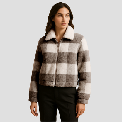 Ladies Short Plaid Faux Fur Bomber Coat - OutfitLondon