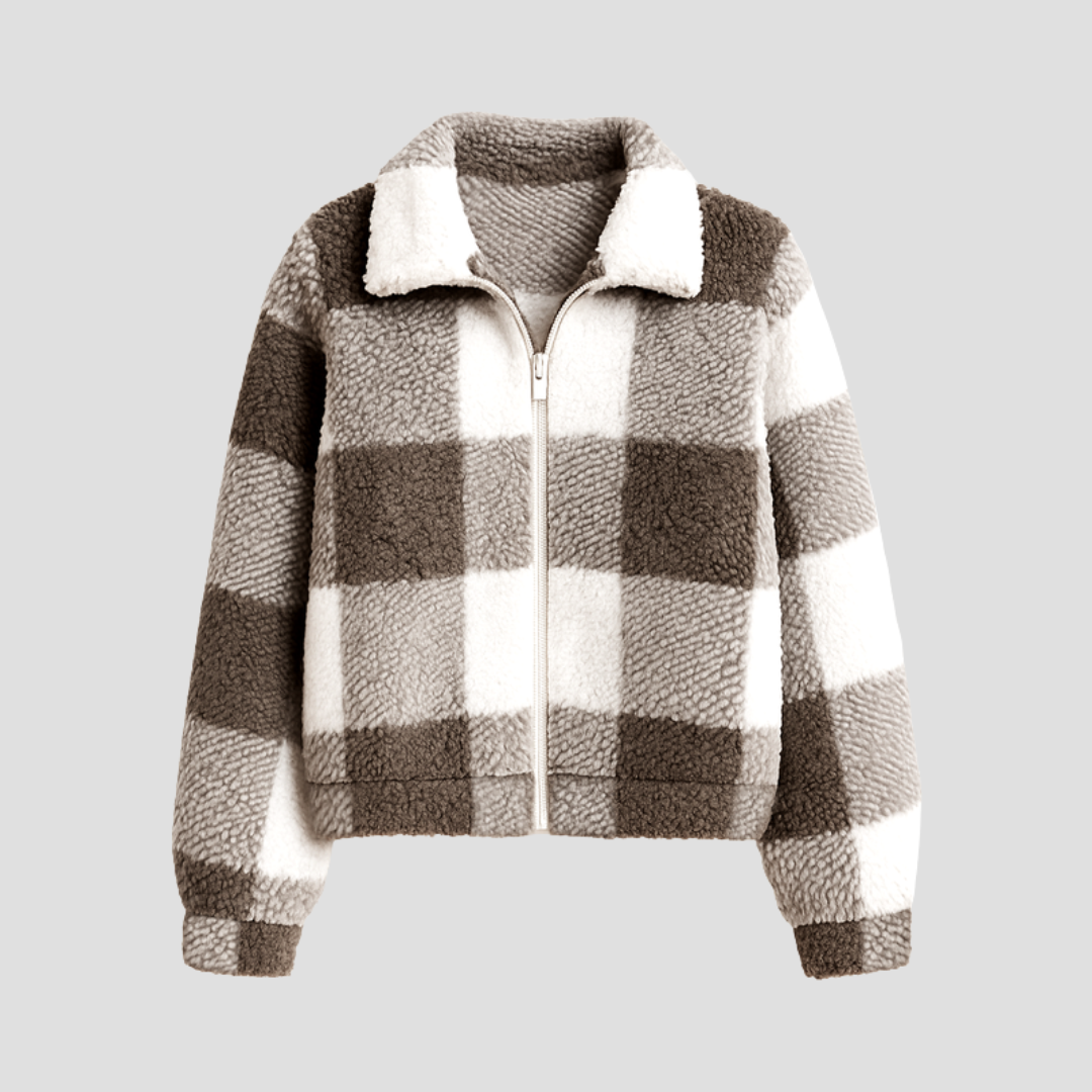 Ladies Short Plaid Faux Fur Bomber Coat