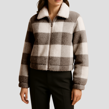 Ladies Short Plaid Faux Fur Bomber Coat