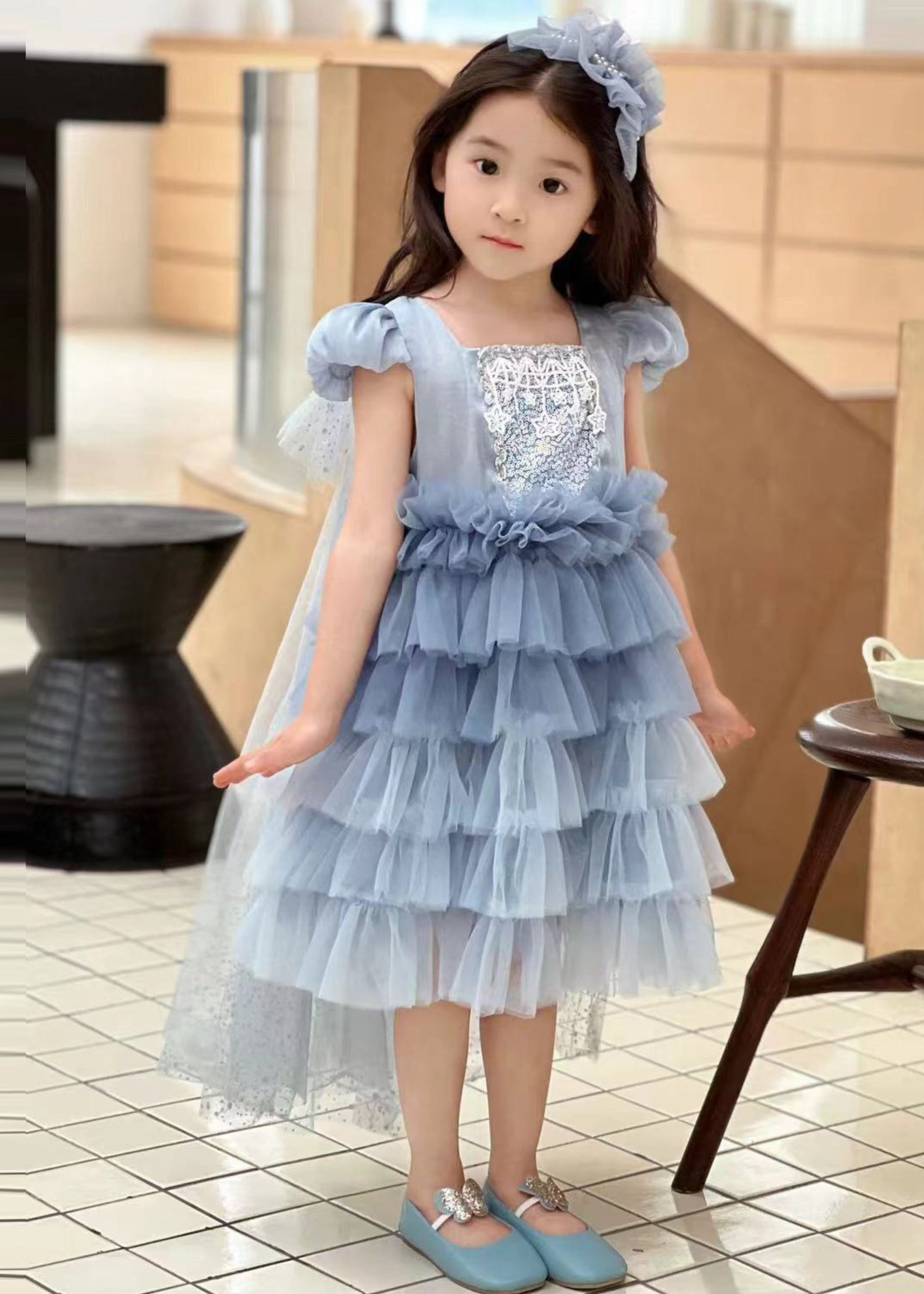 Girls Blue 2 Piece Pleated Dress Tulle Cape - OutfitLondon