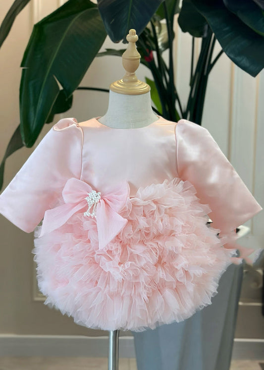 Girls Pink Tulle Maxi Dress Soft Bow Spring Occasion - OutfitLondon