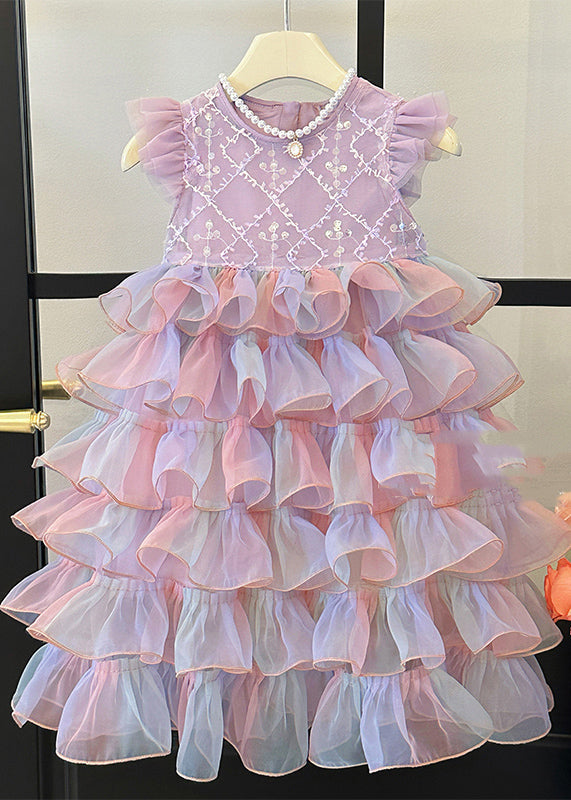 Girls Purple Sequin Tulle Maxi Dress Sleeveless Layered Ruffle Gown - OutfitLondon