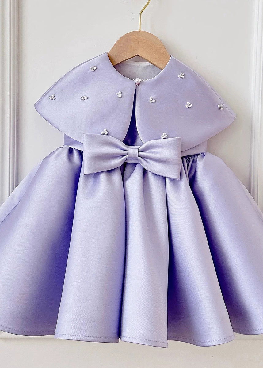 Girls Lavender Silk Two Piece Dress Set With Bow Shawl - OutfitLondon