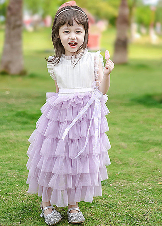 Girls Purple Tulle Maxi Dress Lightweight Ruffle - OutfitLondon
