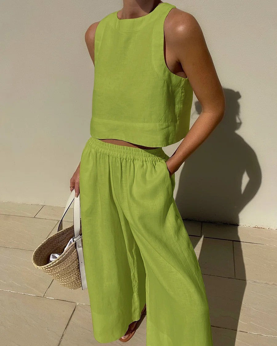 Lucienne Set | Casual Linen Sleeveless Capri Pants Set