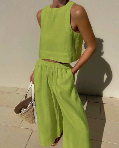 Lucienne Set | Casual Linen Sleeveless Capri Pants Set