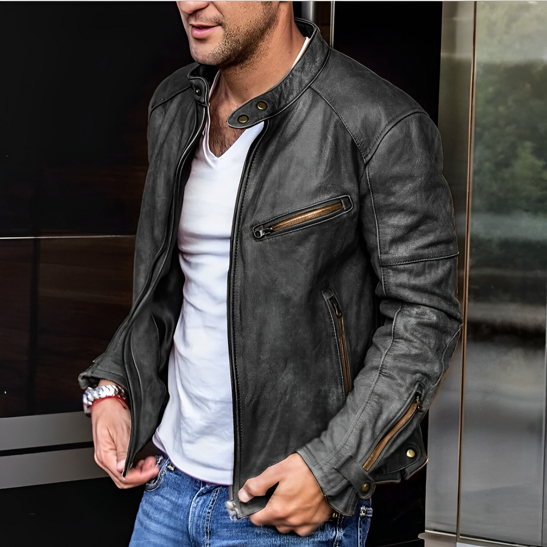 Vintage Motorcycle Leather Coat with Zipper Pockets - OutfitLondon