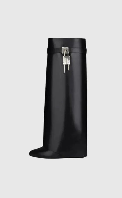 Aurelia Women's Knee-High Wedge Boots Glossy Black - OutfitLondon