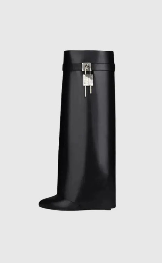 Aurelia Women's Knee-High Wedge Boots Glossy Black - OutfitLondon