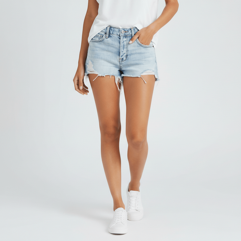 Ripped Knee Mid Waist Distressed Denim Shorts - OutfitLondon