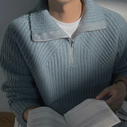 Classic Navy Blue Mens Zipper Sweater