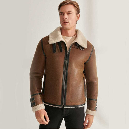 Leather Sheepskin Mens Brown Flight Jacket - OutfitLondon