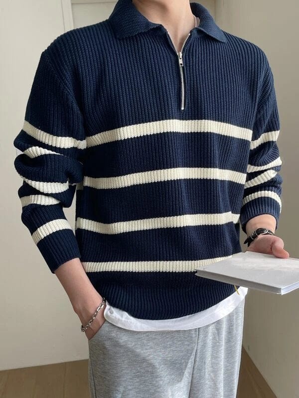 Classic Preppy Striped Crew Neck Sweater - OutfitLondon
